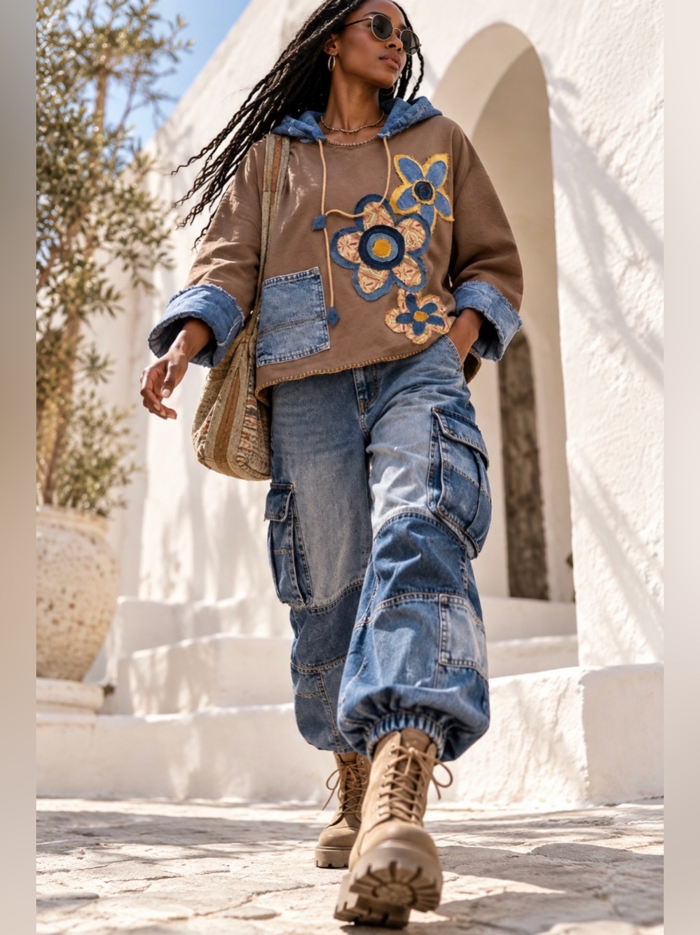 OOAK Handmade Upcycled Hoodie L/XL Eco Dyed Cotton Denim Patchwork Boho Floral - Picture 8 of 13